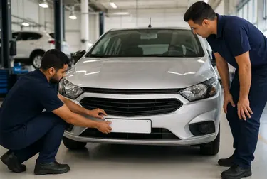 Profissionais em atividade com placas para emplacamento de veículos em Vila Velha.