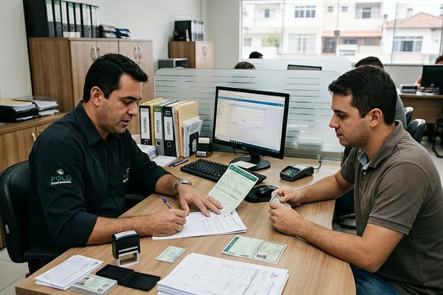 Profissional ajudando cliente com a documentação de viagem de veículo em Vila Velha.