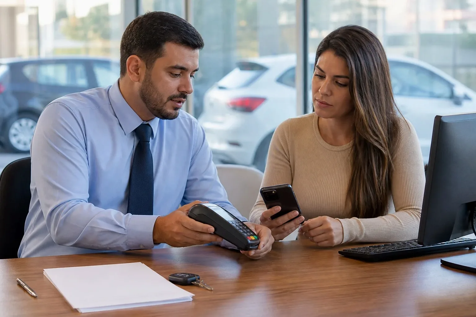 Profissional auxiliando cliente na regularização de débitos de veículo em Vila Velha.