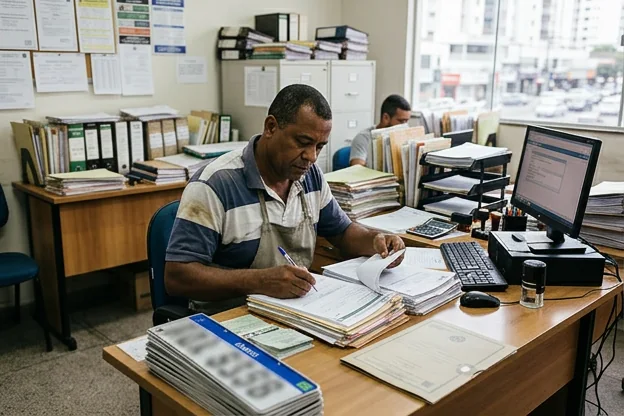 Trabalhador atuando na regularização de licenciamento de veículos em Vila Velha.
